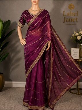 Embroidered Deep Magenta Saree with Gold Trim & stitched blouse(Brand new)
